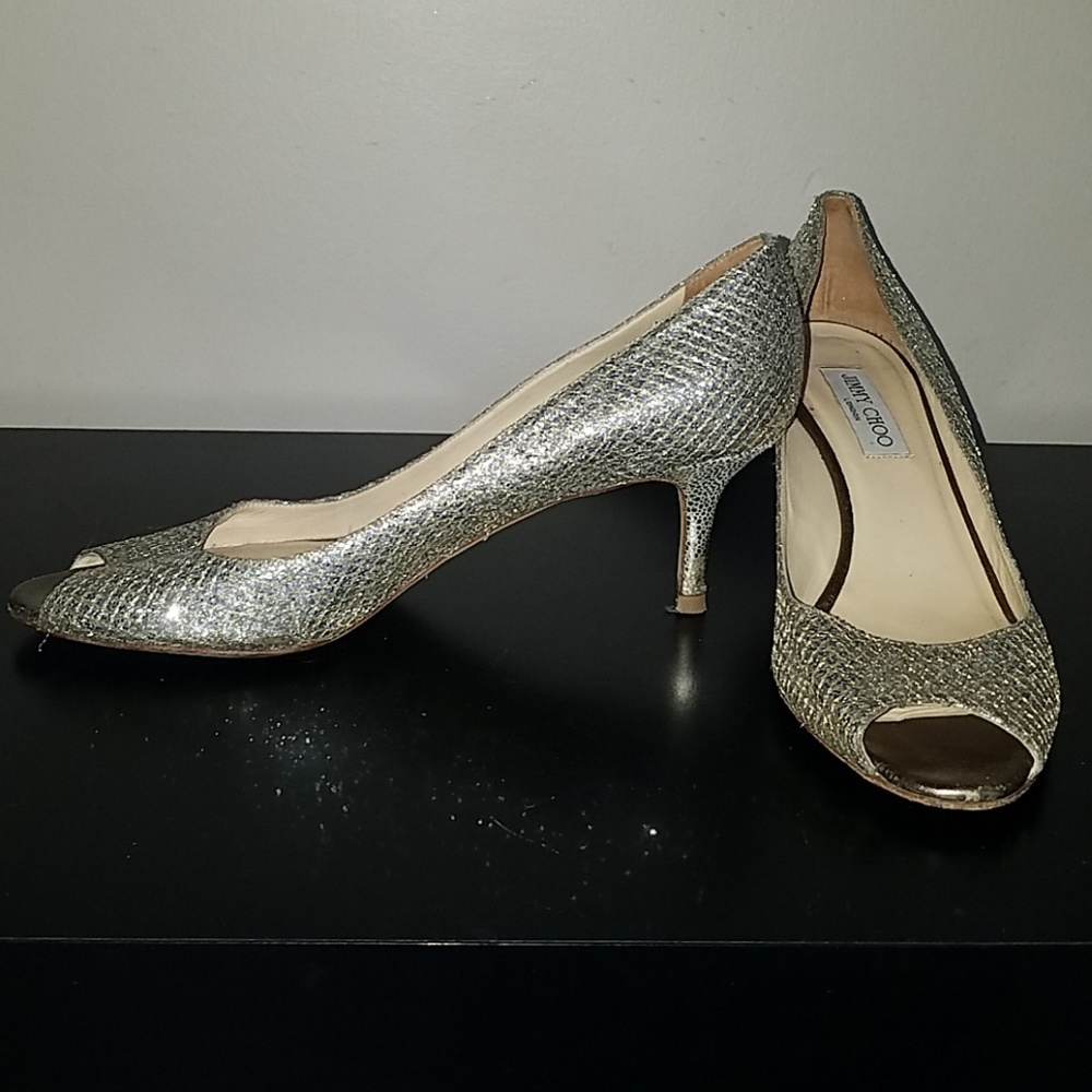 Authentic 41 Jimmy Choo peep toe silver gold heels